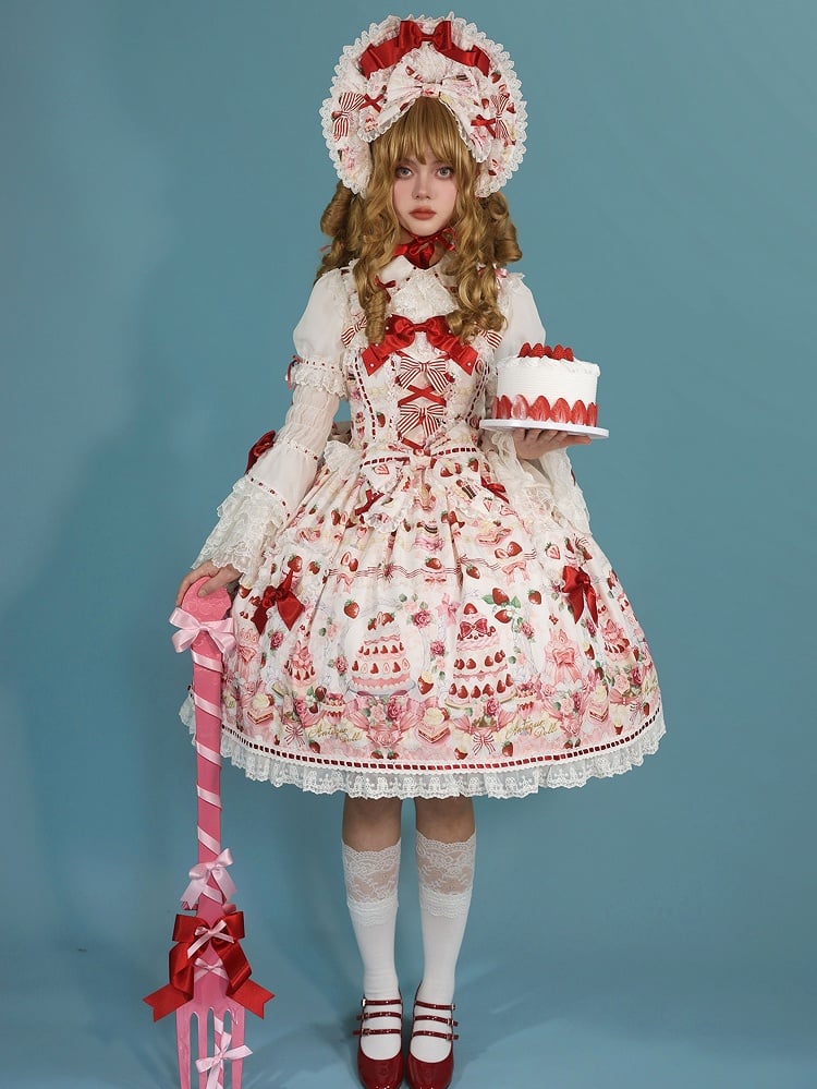 Desserts Accents Strawberry JSK and / Print Sweet Bow Lolita Full White Set