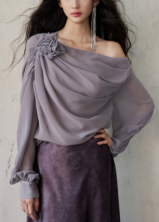 Solid Sleeve Chiffon Long Asymmetrical Fashion Shirt Grey