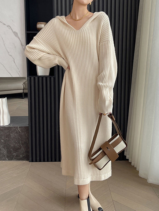 Stylish Apricot V-neck Hooded Long Sleeve Striped Knit Dress AN1044