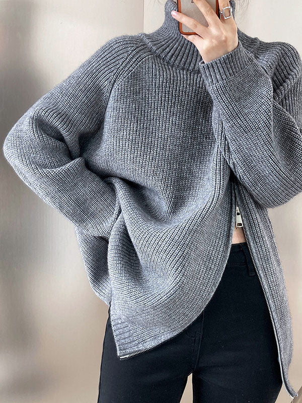 Urban Grey Halter-Neck Split-Side Zip-up Long Sleeve Sweater AN1033