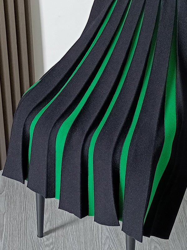 Retro White Color Knit Skirt Contrast Pleated A-line