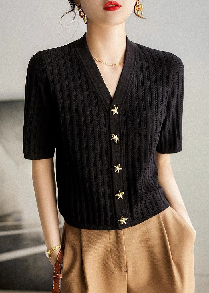 Style Shirt Knit Fit Silm Summer V Black Neck