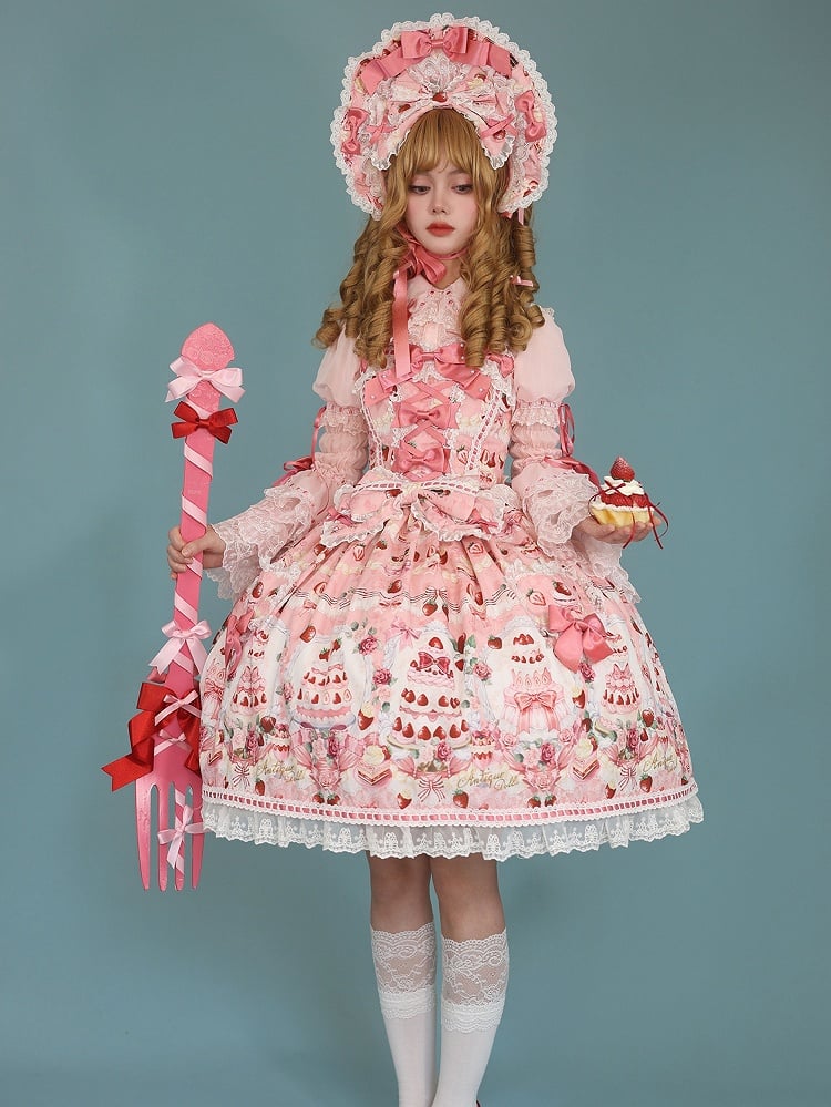 JSK Sweet Lolita Pink Desserts Set / Print and Full Bow Strawberry Accents