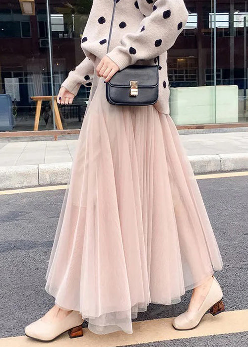 Simple Coffee Solid Elastic Waist Tulle Skirt Spring G197