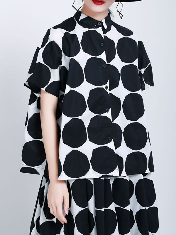 Mock Stylish Polka-Dot Shirt High Black Buttoned Neck Pockets