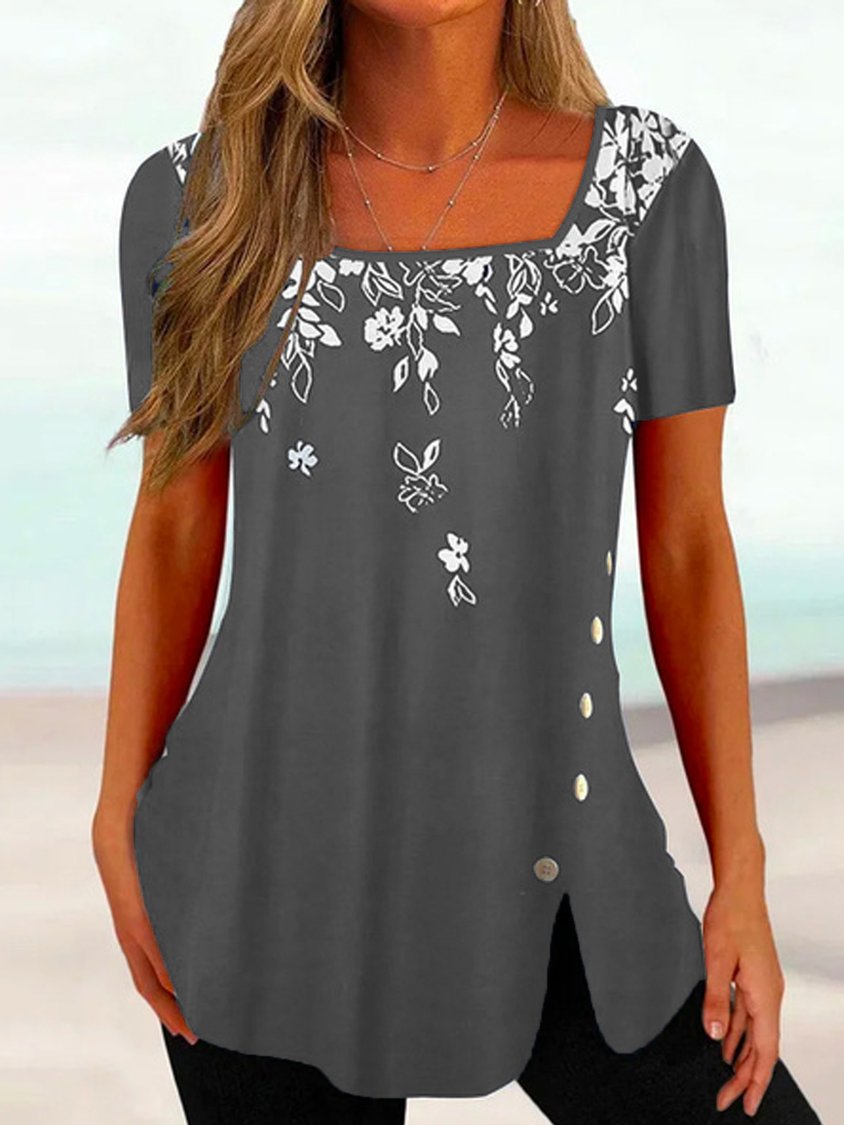 Floral Square Neck Loose Boho Top ap106