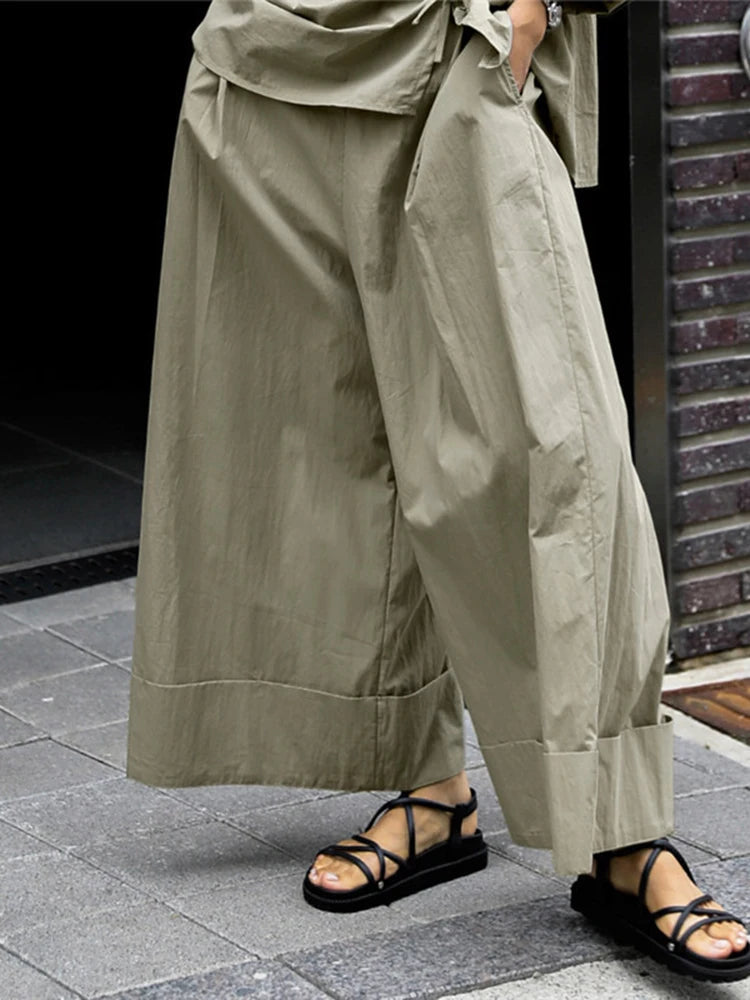 Waist Wide-Leg Pants Organic Elastic Khaki