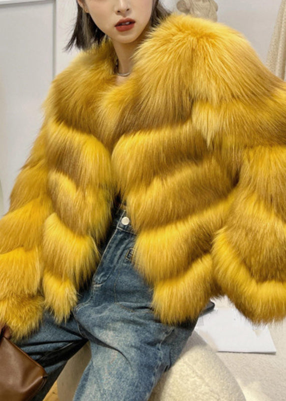 Classy Yellow Fox Collar Leather And Fur Coats Winter WV031