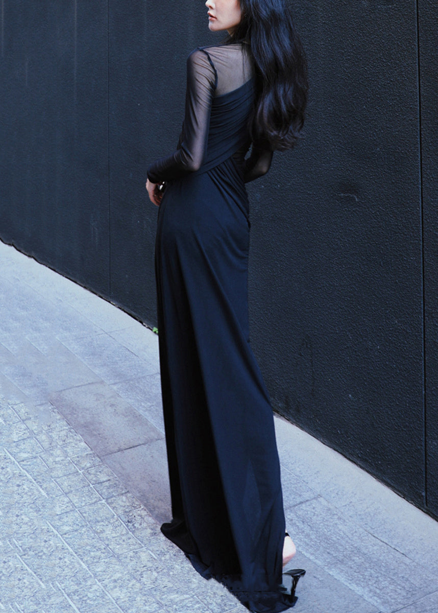 Slim Fit Black Asymmetrical Side Open Long Dresses Fall