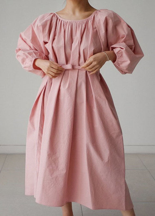 Dress Three Maxi wrinkled Pink sleeve Cotton Quarter O-Neck