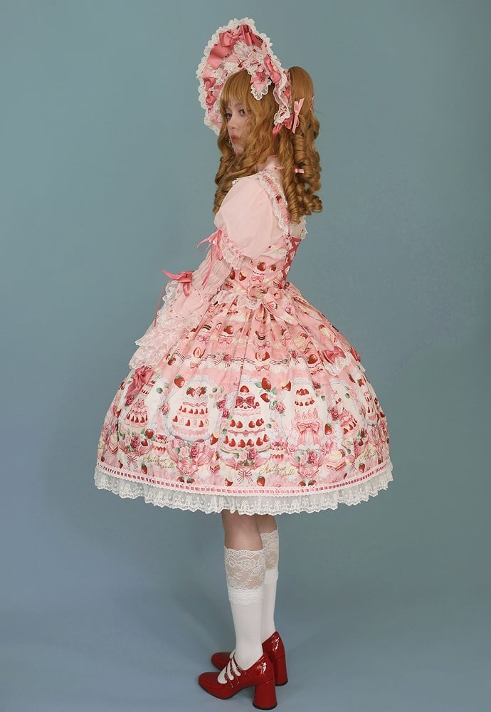 JSK Sweet Lolita Pink Desserts Set / Print and Full Bow Strawberry Accents
