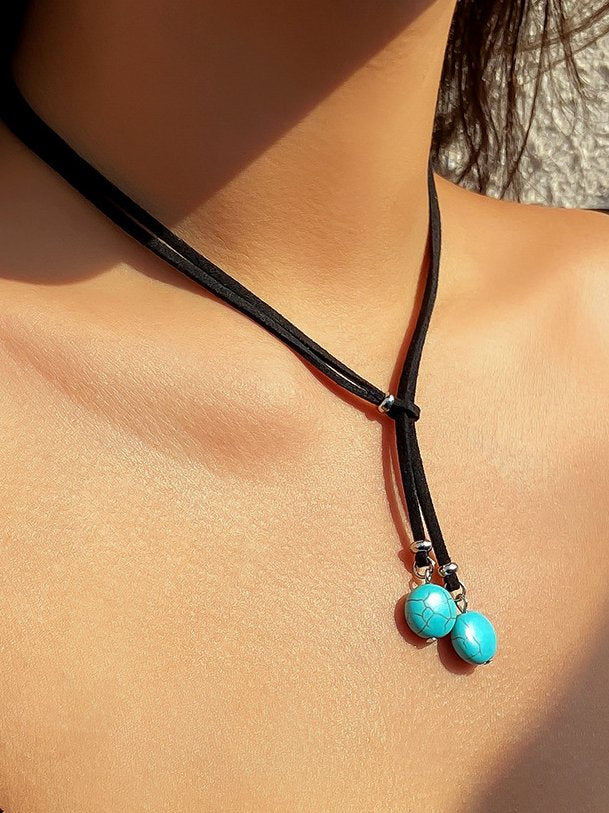 Collier multicouches en cuir turquoise vintage de style occidental, bijoux ethniques décontractés pour femmes cc23