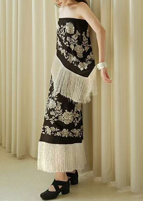 Black Novelty Dresses Sleeveless Waist Patchwork High Tasseled