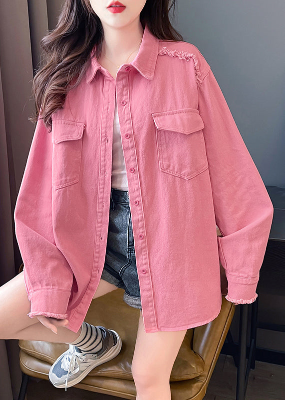 Casual Pink Peter Pan Collar Pockets Denim Shirts Coat Fall QC001