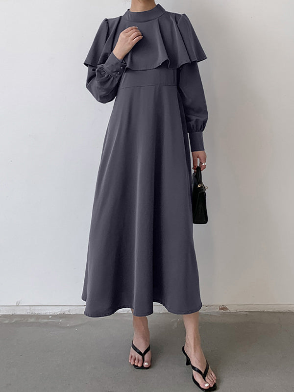 Waist Neck Ruffle A-Line Mock Elegant Tied Trim Long Coffee