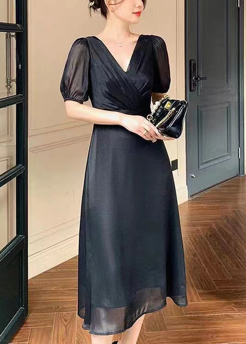 French Black V Neck Solid Silk Long Dresses Summer