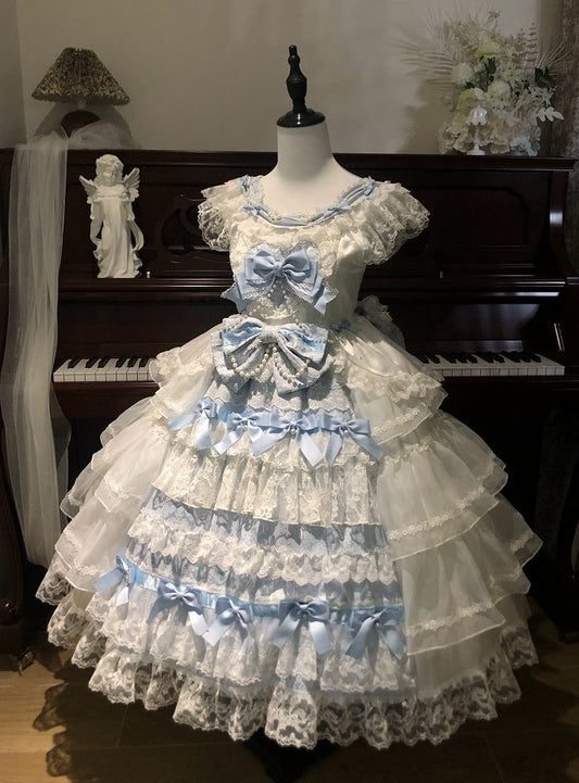 White Decoration and Blue Tiered Lolita Dress Hime Skirt Bows Hanayome