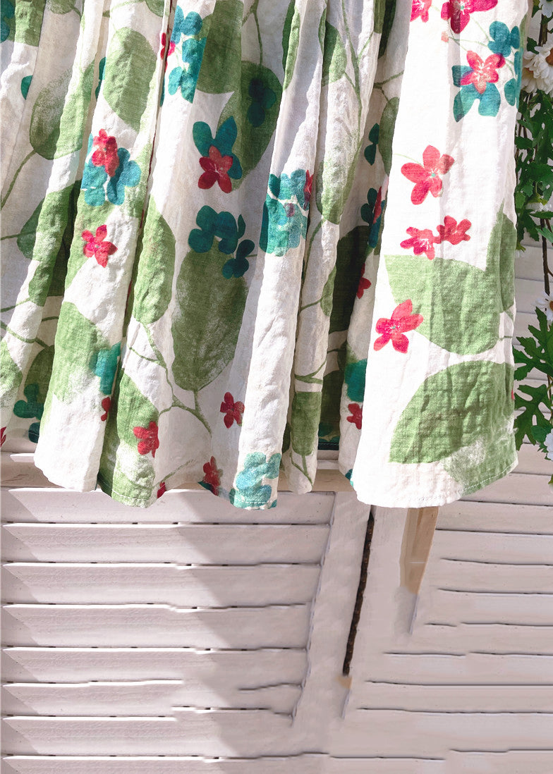 New Summer Green Skirt Elastic Cotton Print Waist