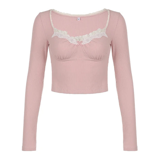 Sweet Lace Pink Long Sleeves Top