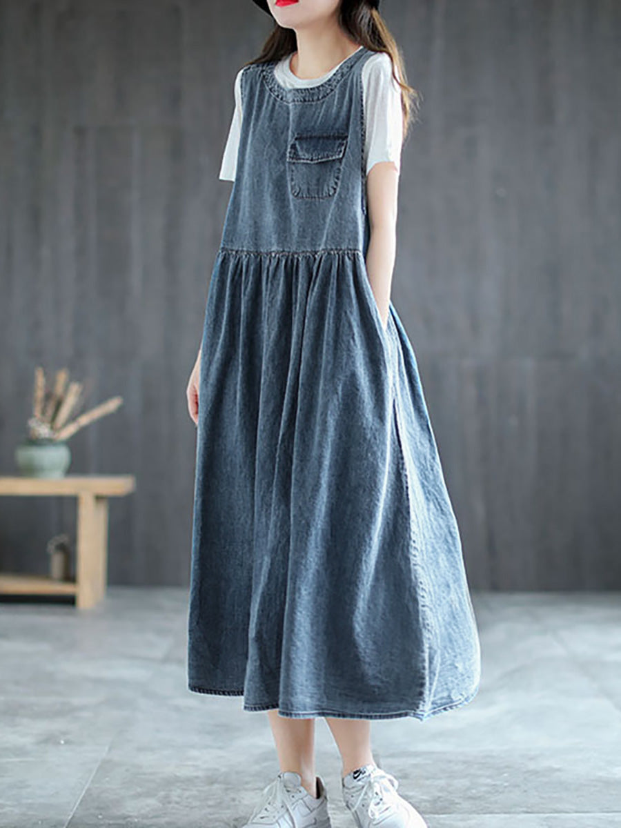 Robe longue plissée en jean grande taille sans manches AI1083