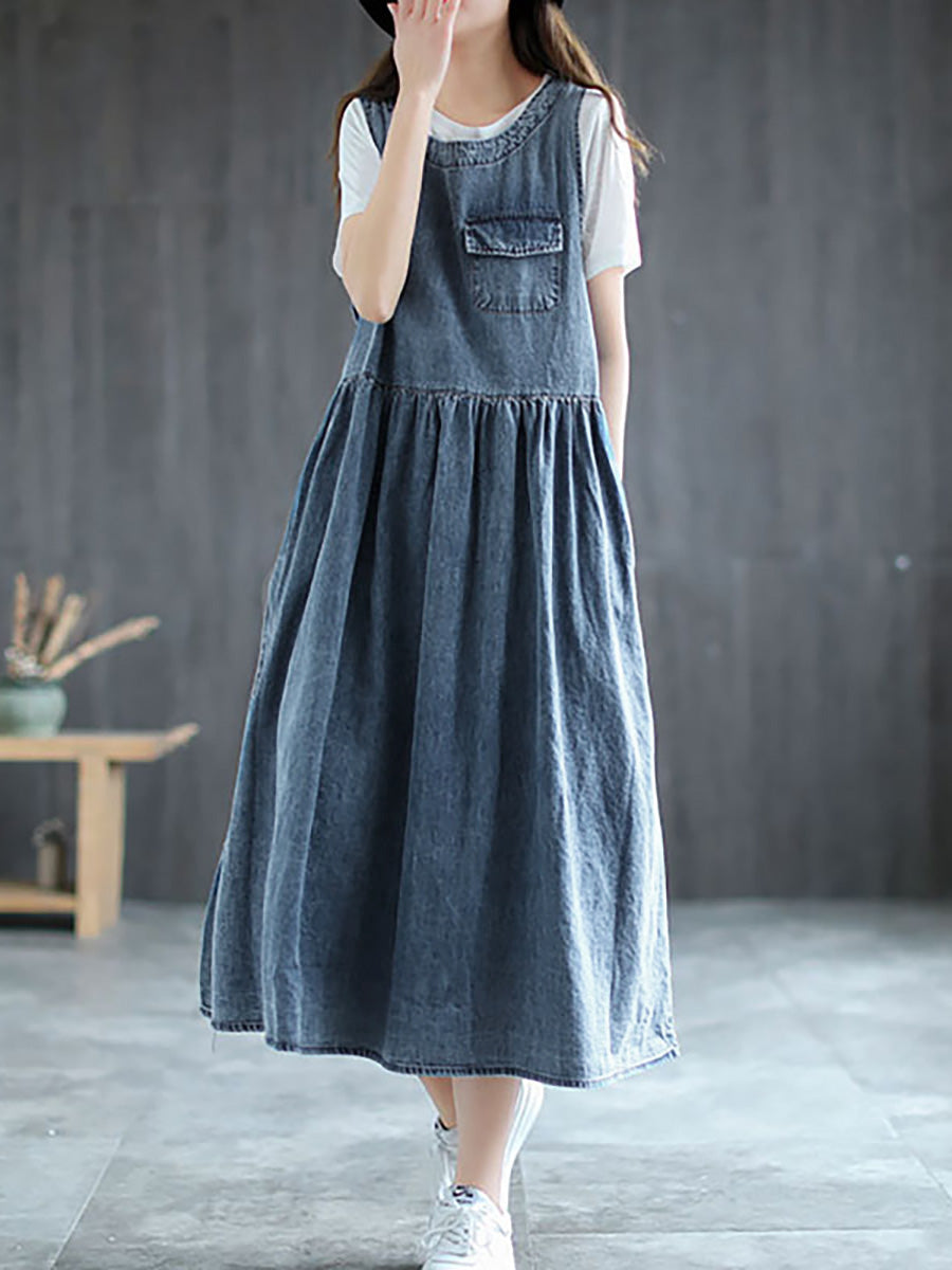 Robe longue plissée en jean grande taille sans manches AI1083