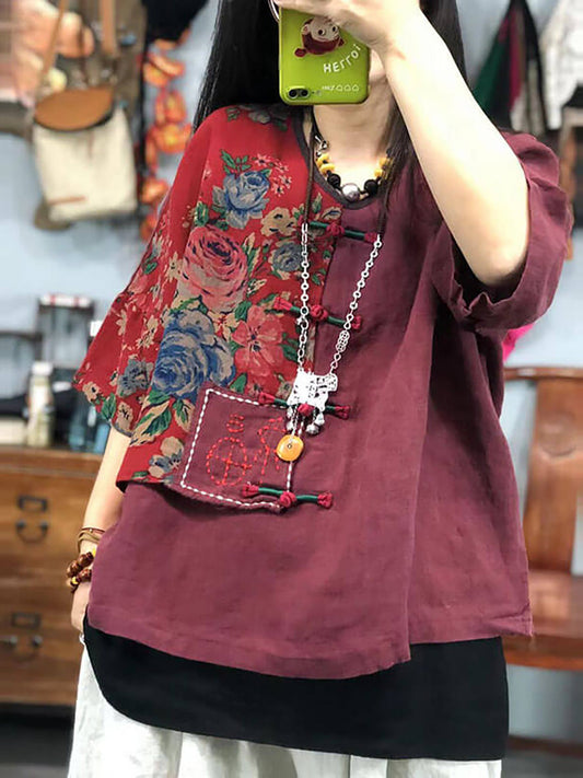 Plus Size Women Embroidered Floral Retro Ramie Cotton Stitching T-shirt AS1029