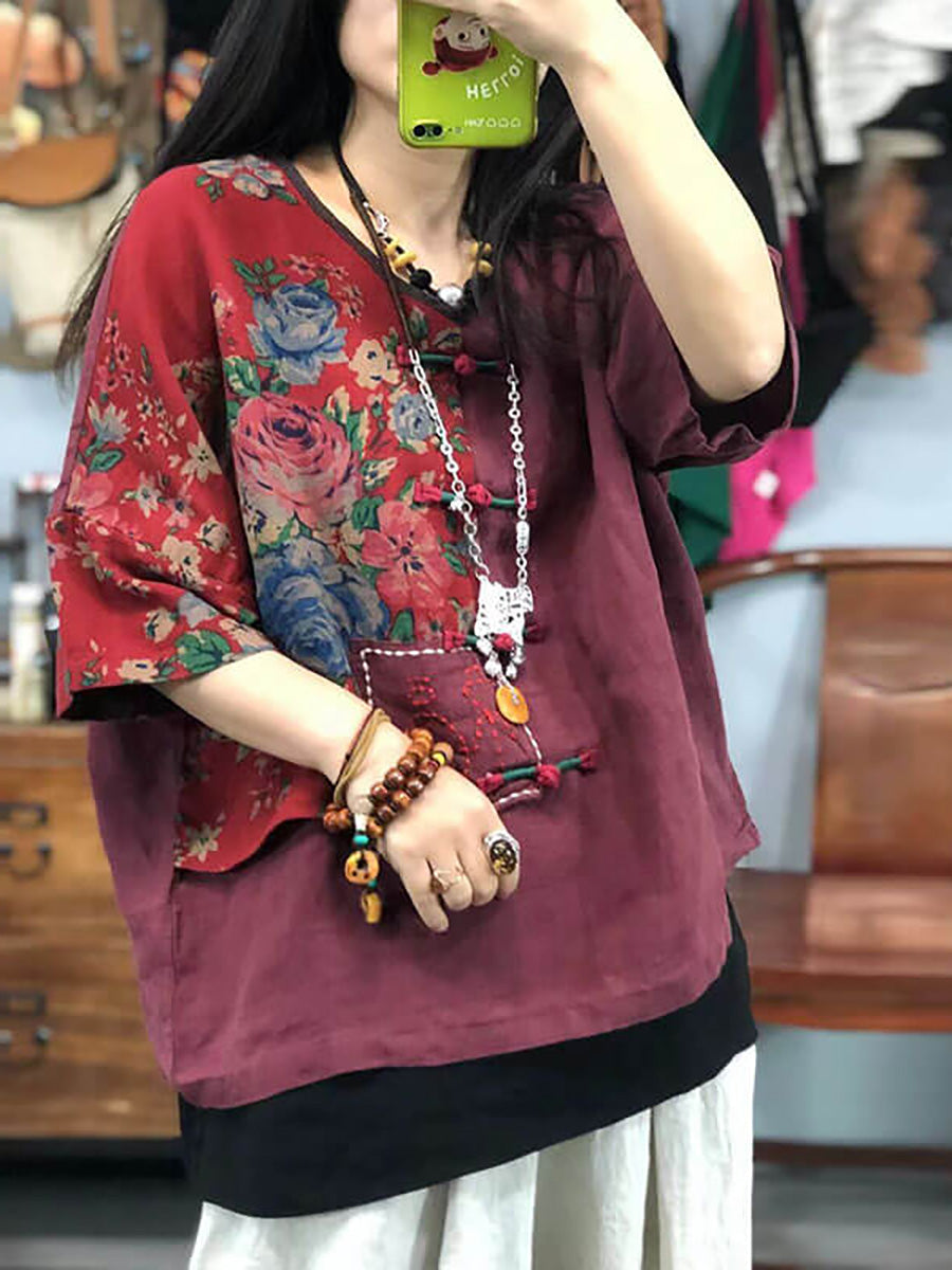 Plus Size Women Embroidered Floral Retro Ramie Cotton Stitching T-shirt AS1029