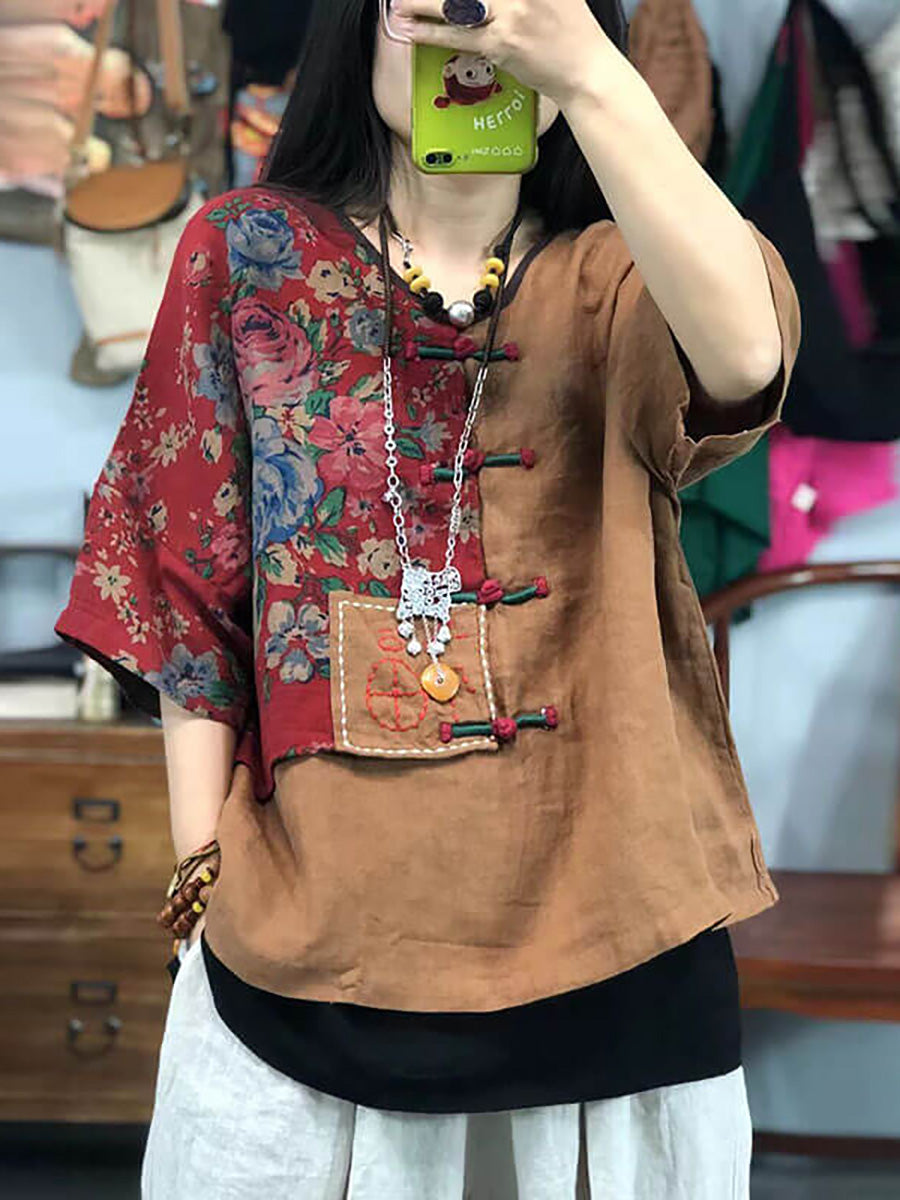 Plus Size Women Embroidered Floral Retro Ramie Cotton Stitching T-shirt AS1029