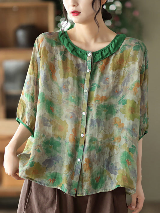 Plus Size Floral Ramie Vintage Summer Women Shirt RR1061