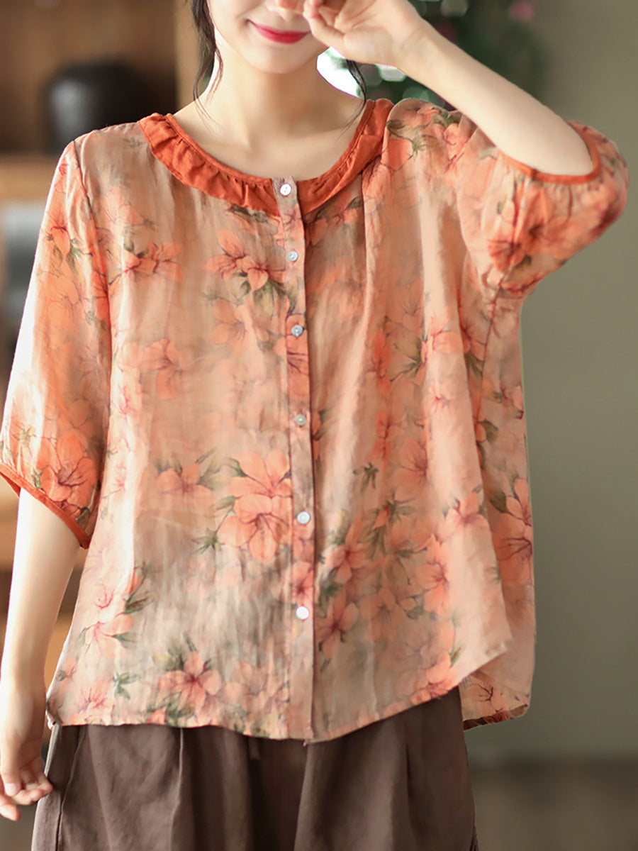 Plus Size Floral Ramie Vintage Summer Women Shirt RR1061