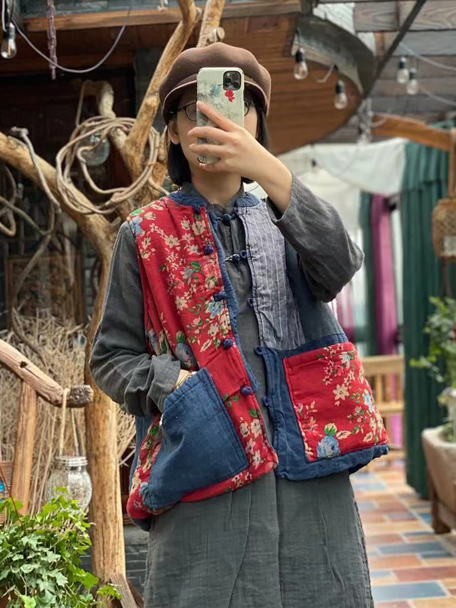 Women Autumn 100%Linen Vintage Patchwork Loose Vest AH1029