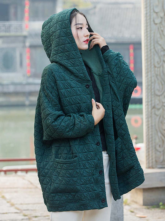 Plus Size Women Winter Casual Button Pocket Hooded Coat