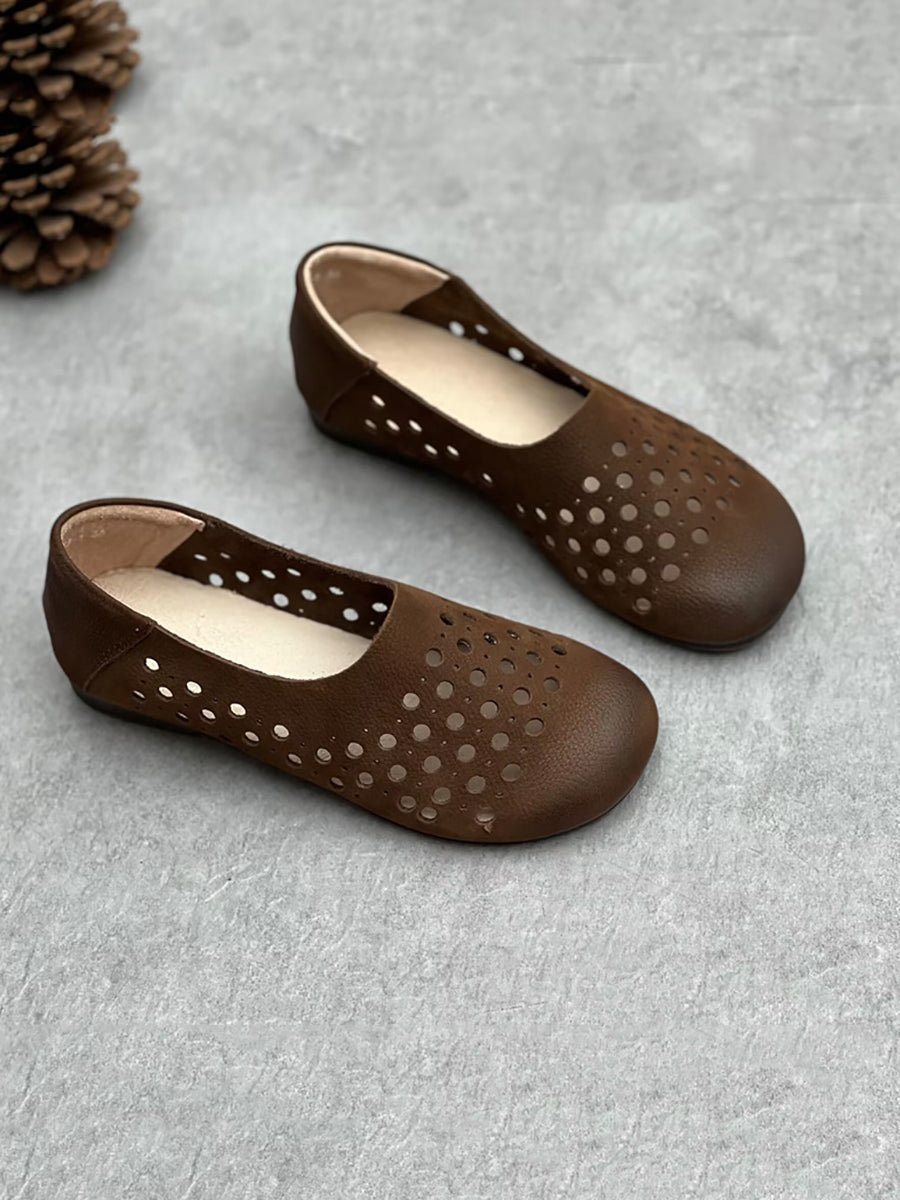 Women Summer Geniune Leather Hollow Out Flat Shoes HH025