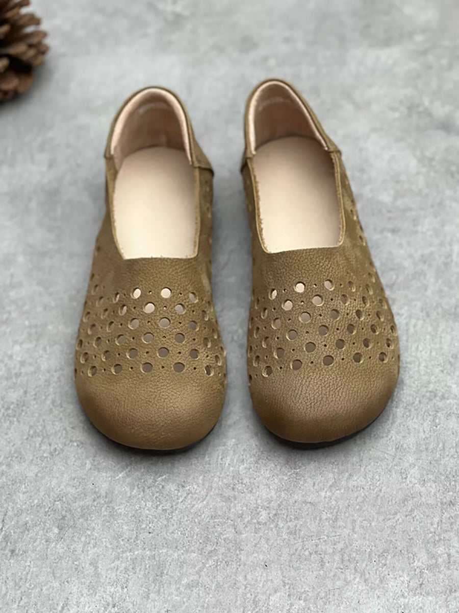 Women Summer Geniune Leather Hollow Out Flat Shoes HH025