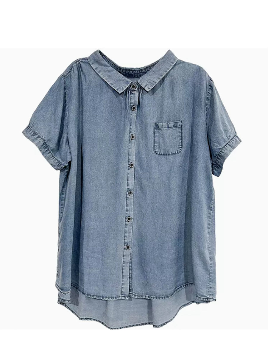 Plus Size Women Summer Solid Button Pocket Denim Shirt PP1021