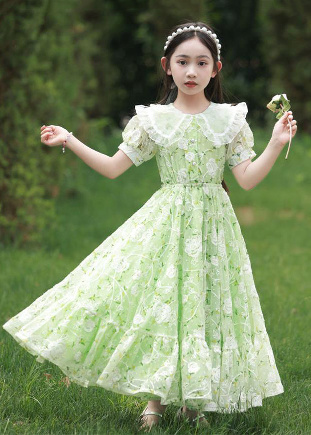 2024 neues grünes Peter Pan Kragen Druck Krawatte Taille Chiffon Mädchen Maxi Kleid Kurzarm XZ006