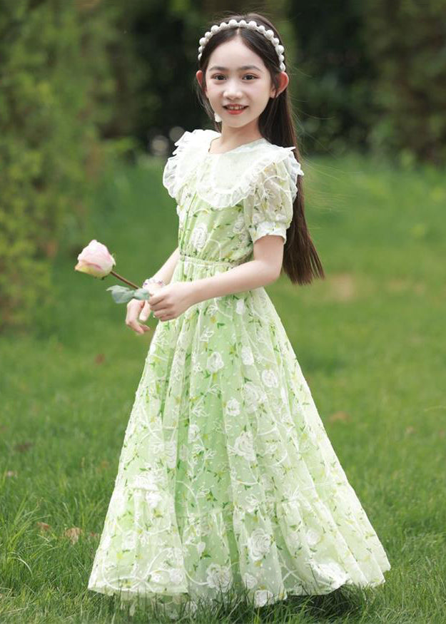 2024 neues grünes Peter Pan Kragen Druck Krawatte Taille Chiffon Mädchen Maxi Kleid Kurzarm XZ006