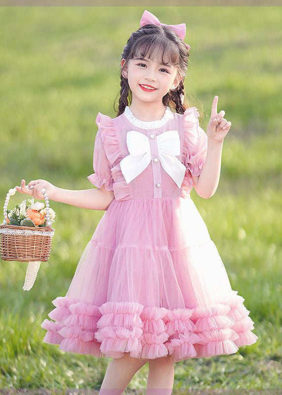 2024 New Pink O-Neck Bow Ruffled Patchwork Tulle Kids Maxi Dress Summer EW022