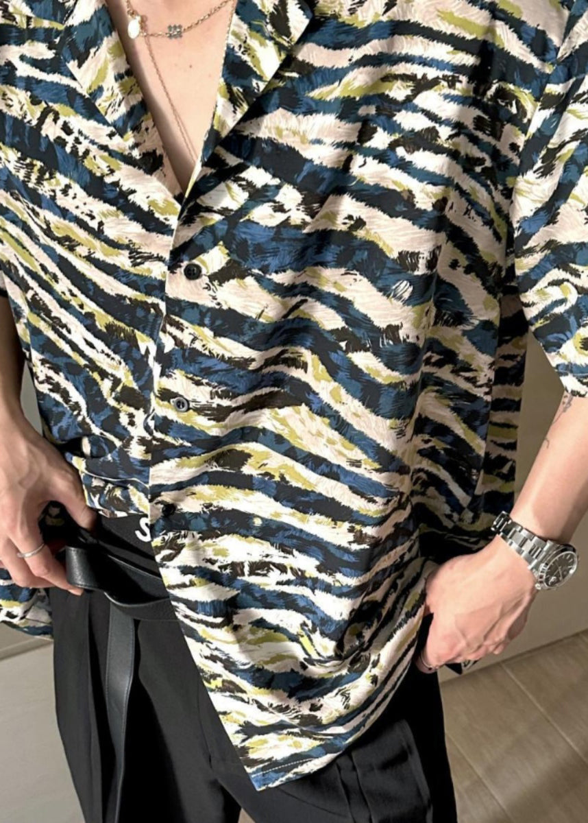 2024 Summer Loose Cuban Collar Printed Leopard Short Sleeved Mens Shirt HG024