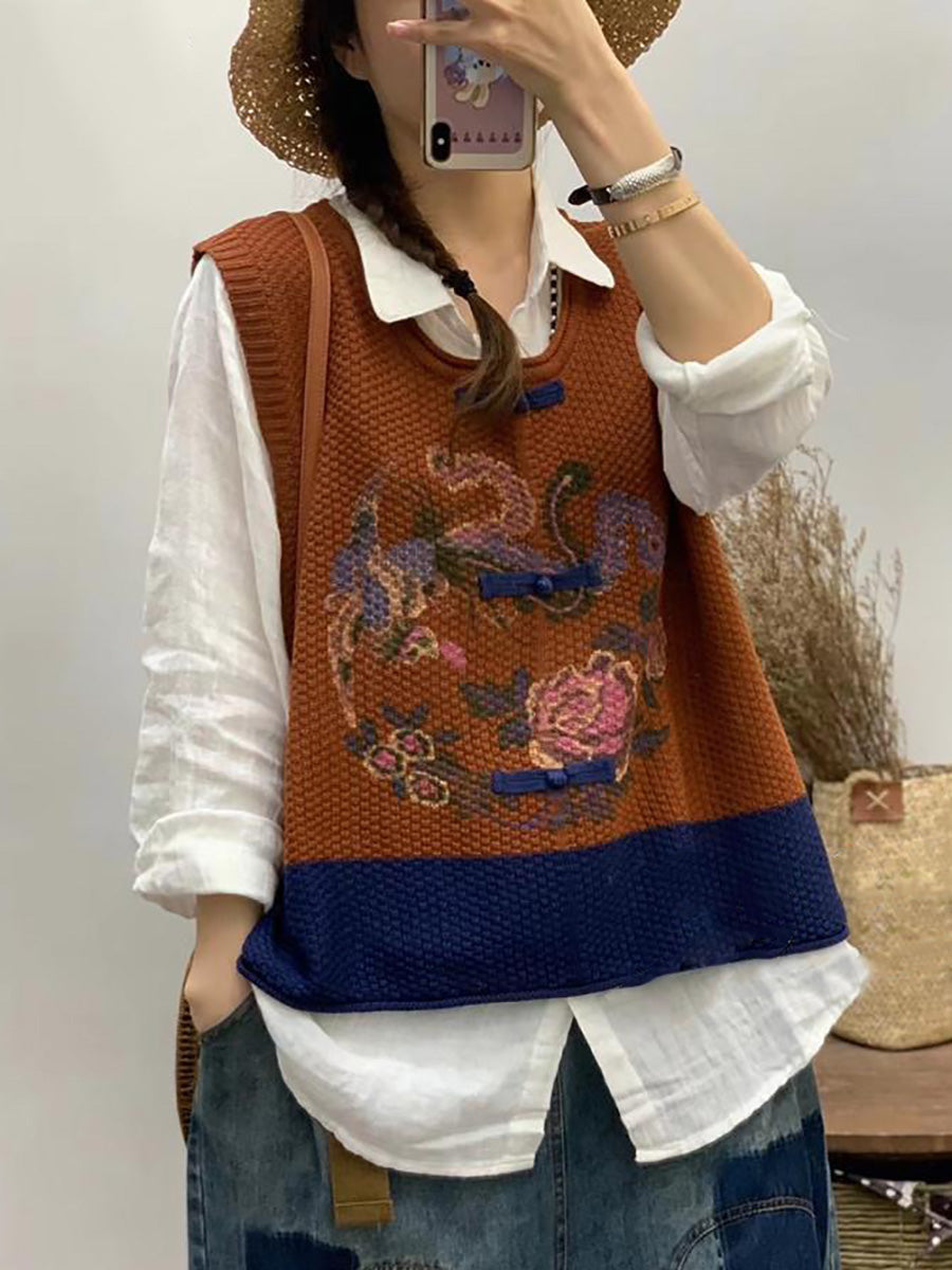 Women Retro Flower Print Colorblock Vest CV1028