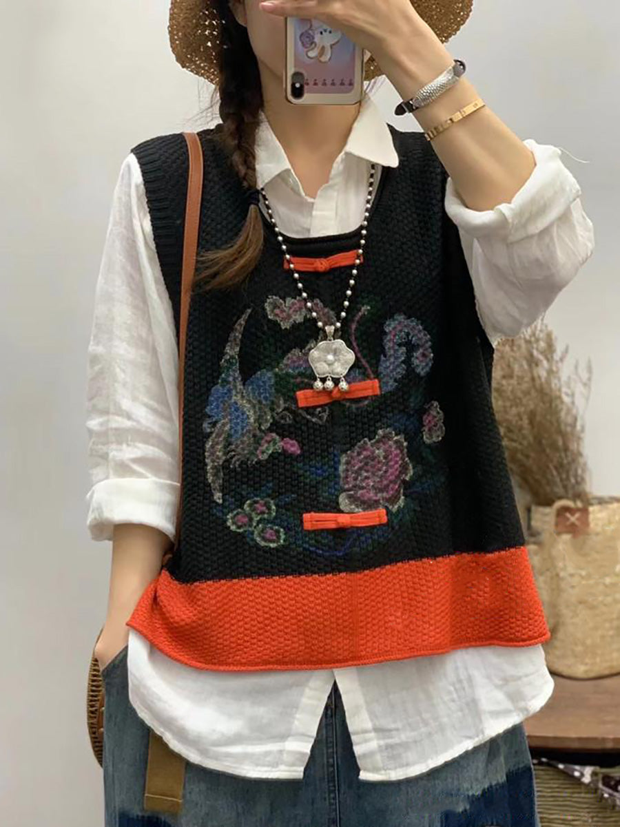 Women Retro Flower Print Colorblock Vest CV1028