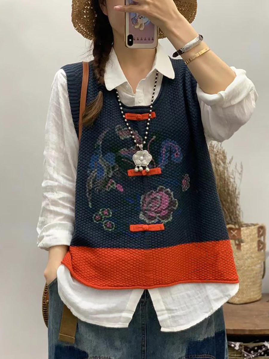 Women Retro Flower Print Colorblock Vest CV1028