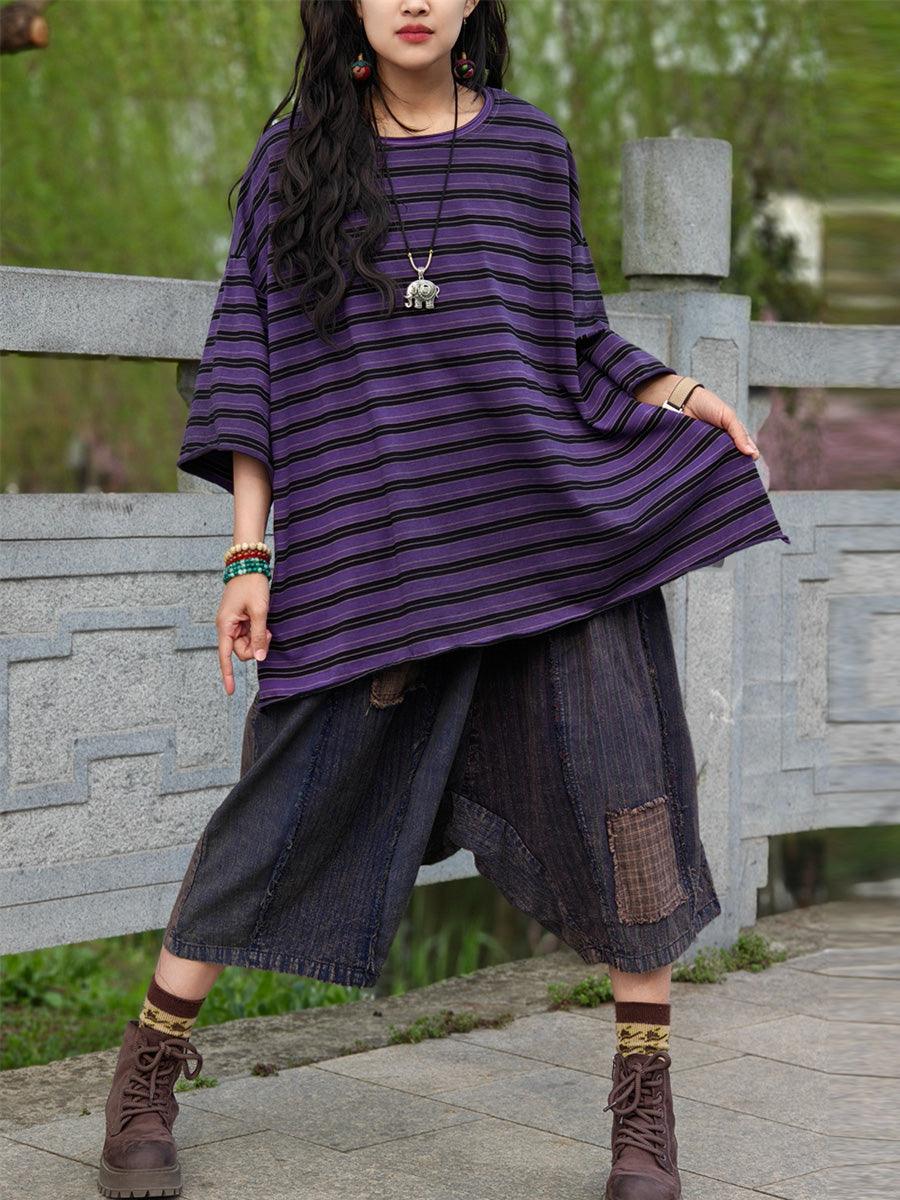 Shirt Women Plus Summer Casual Stripe Size Cotton