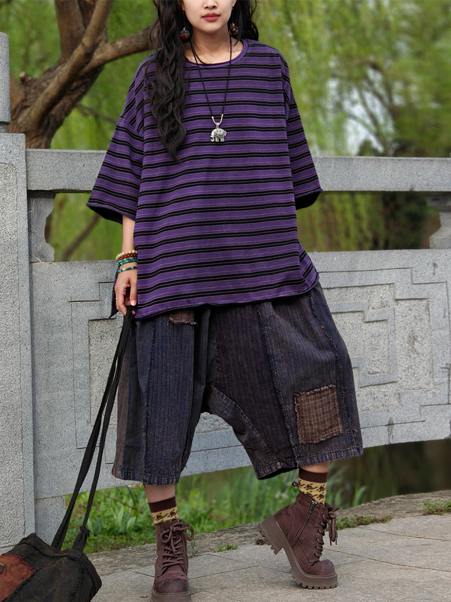 Shirt Women Plus Summer Casual Stripe Size Cotton