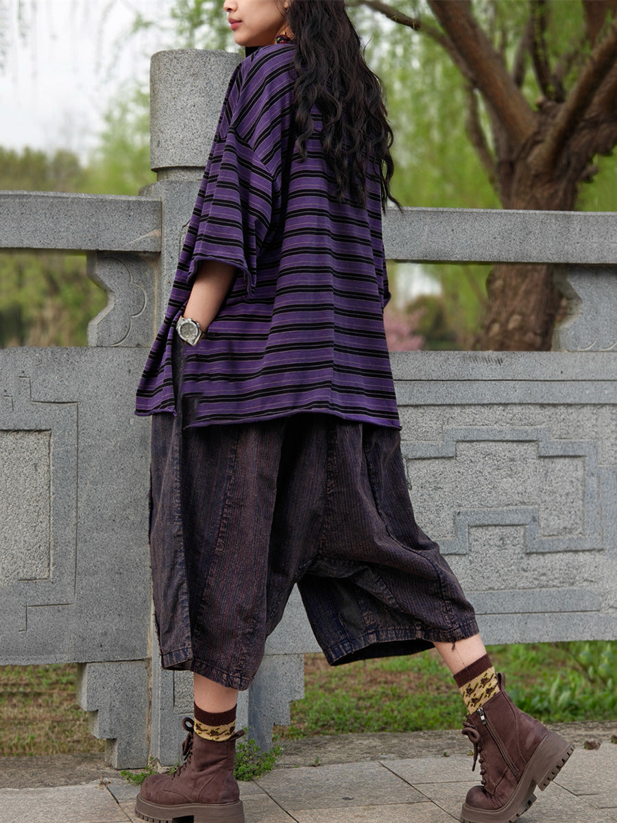 Shirt Women Plus Summer Casual Stripe Size Cotton