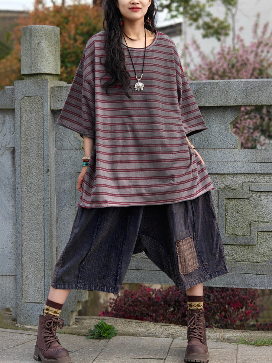 Shirt Women Plus Summer Casual Stripe Size Cotton