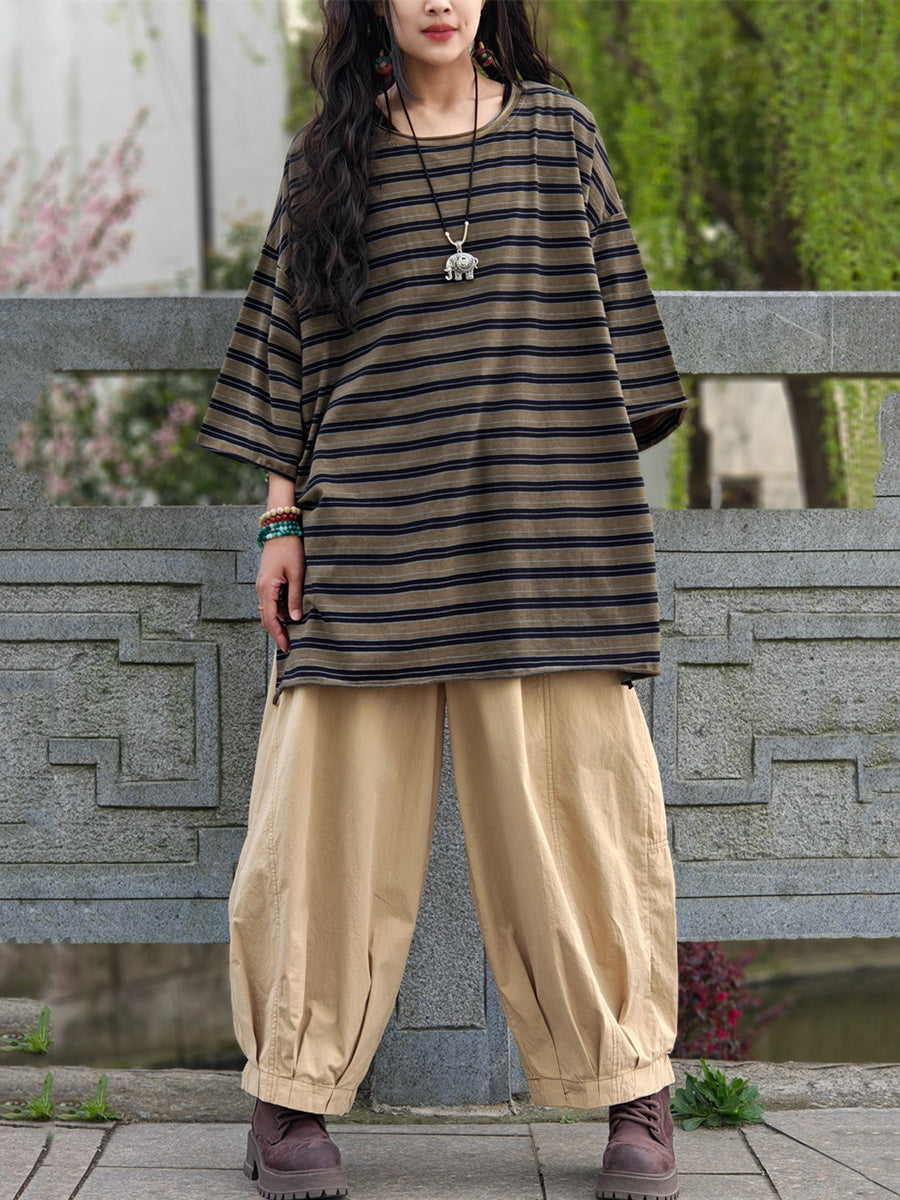 Shirt Women Plus Summer Casual Stripe Size Cotton