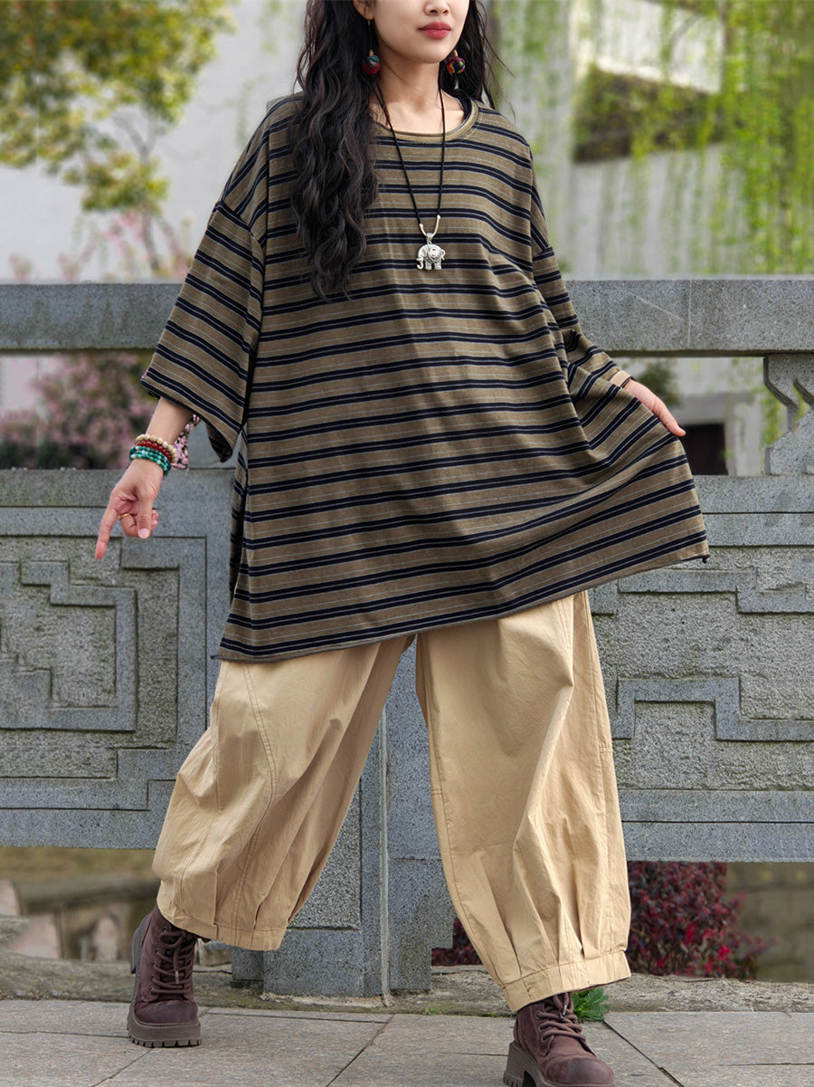 Shirt Women Plus Summer Casual Stripe Size Cotton