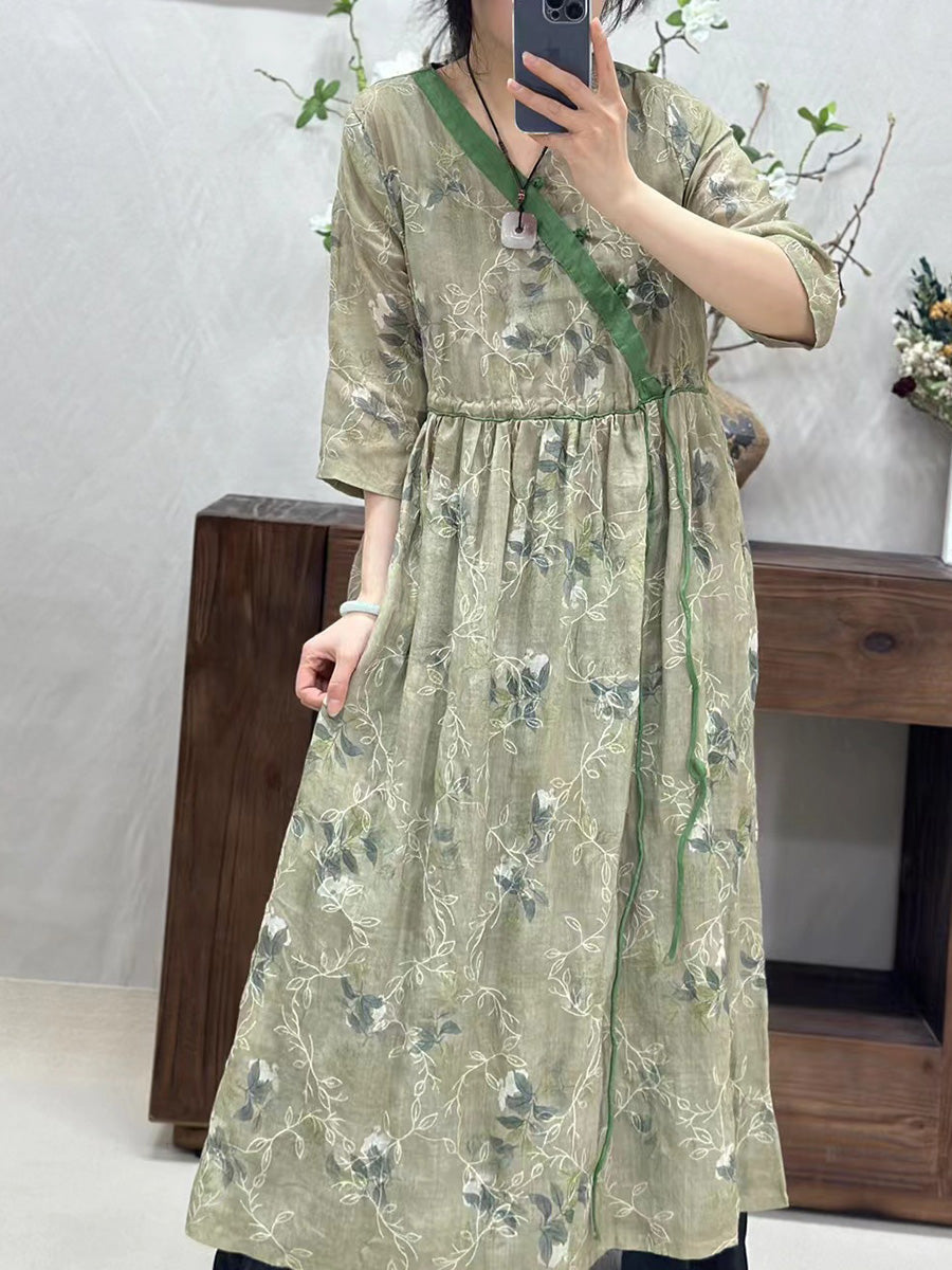 Damen Vintage Blumen Gespleißtes Leinenkleid CO1002