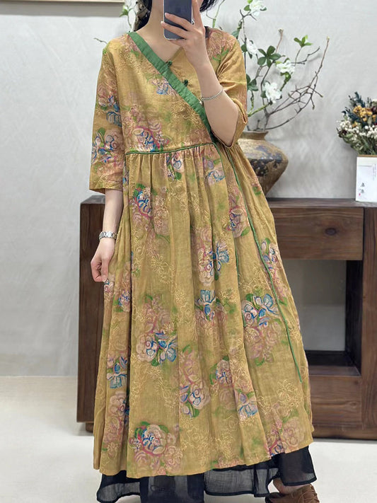 Women Vintage Flower Spliced Linen Dress CO1002